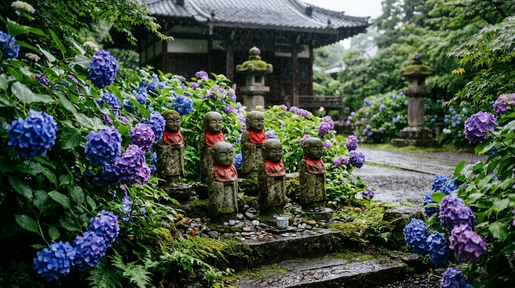 雨の中の六地蔵