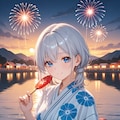 浴衣銀髪ちゃんと打ち上げ花火 2枚目