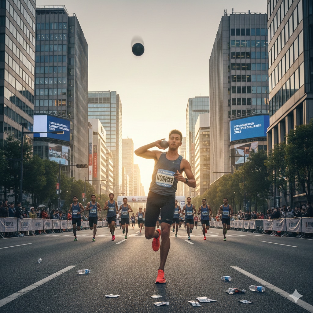 都会の公道でマラソンしながら砲丸投げ | の人気AIイラスト・グラビア