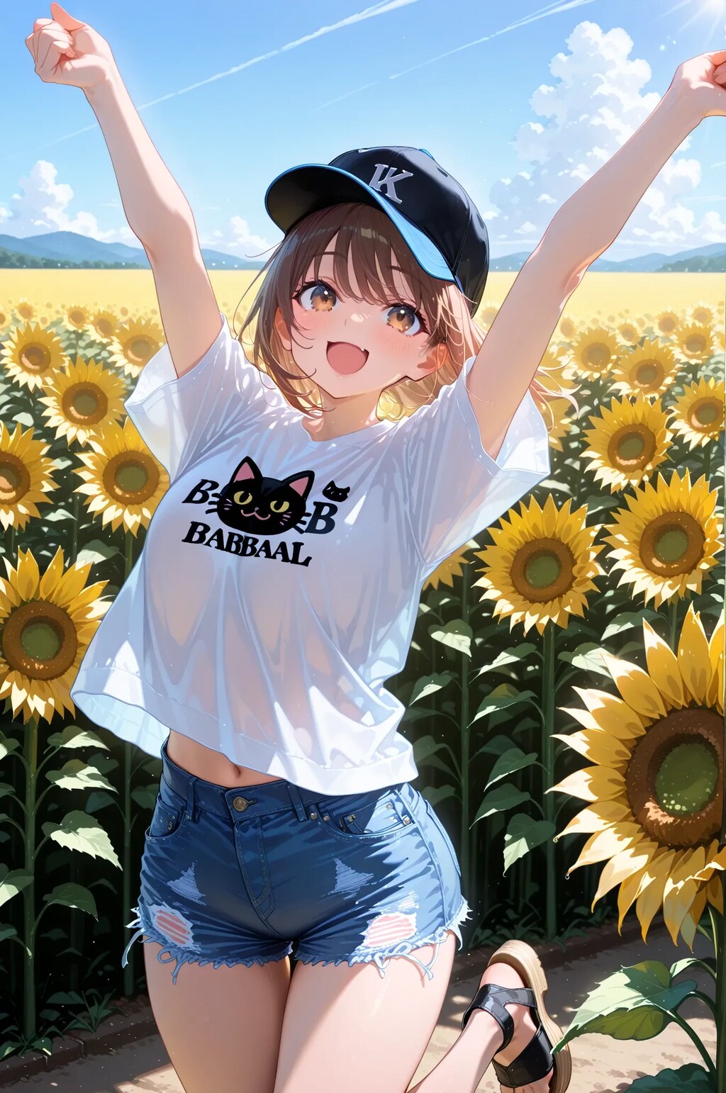 ひまわり畑ではしゃぐ