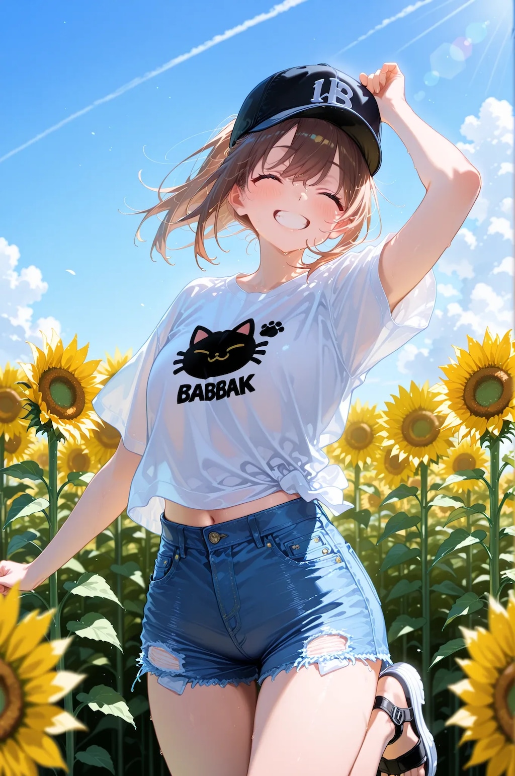 ひまわり畑ではしゃぐ