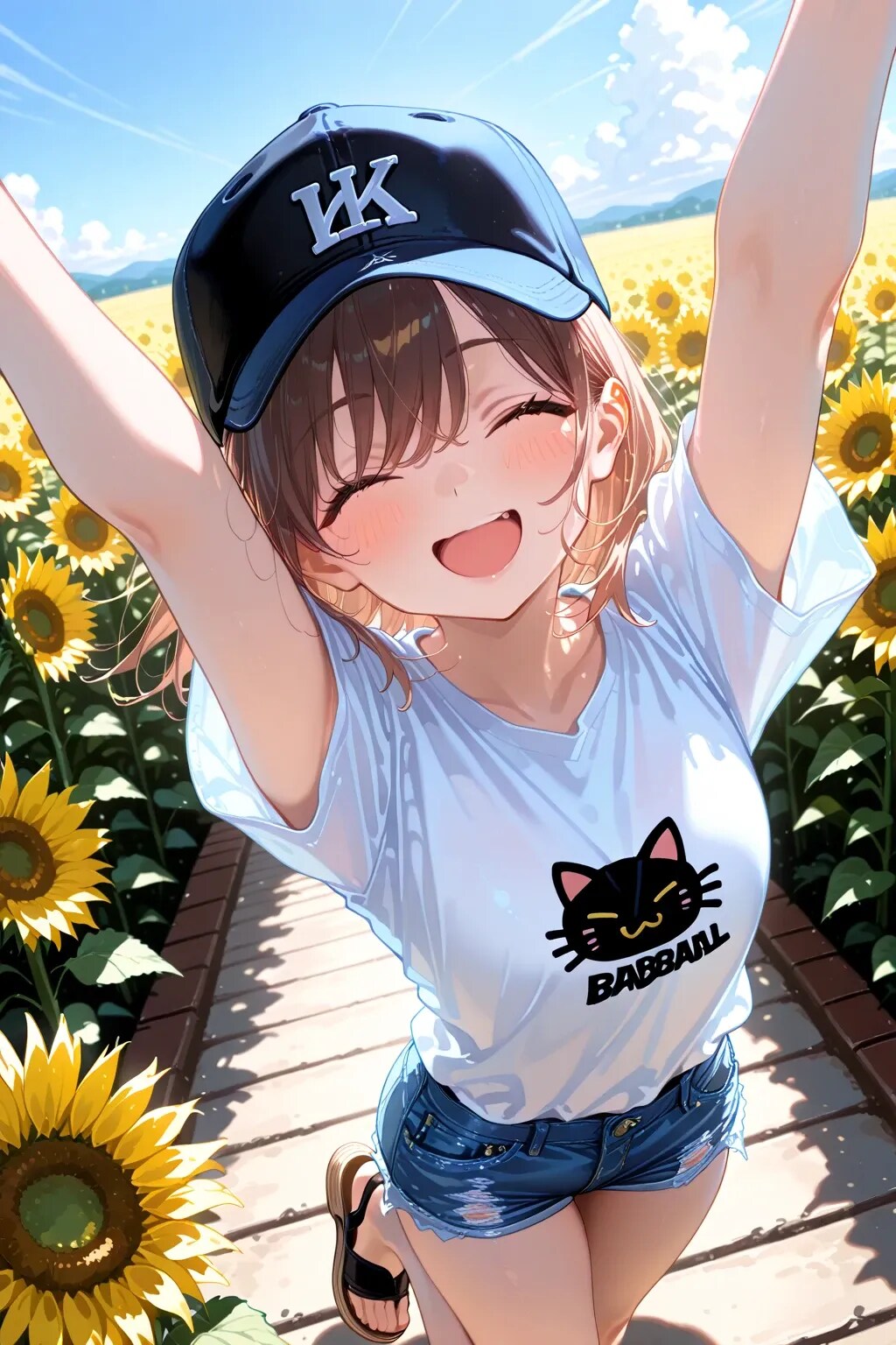 ひまわり畑ではしゃぐ