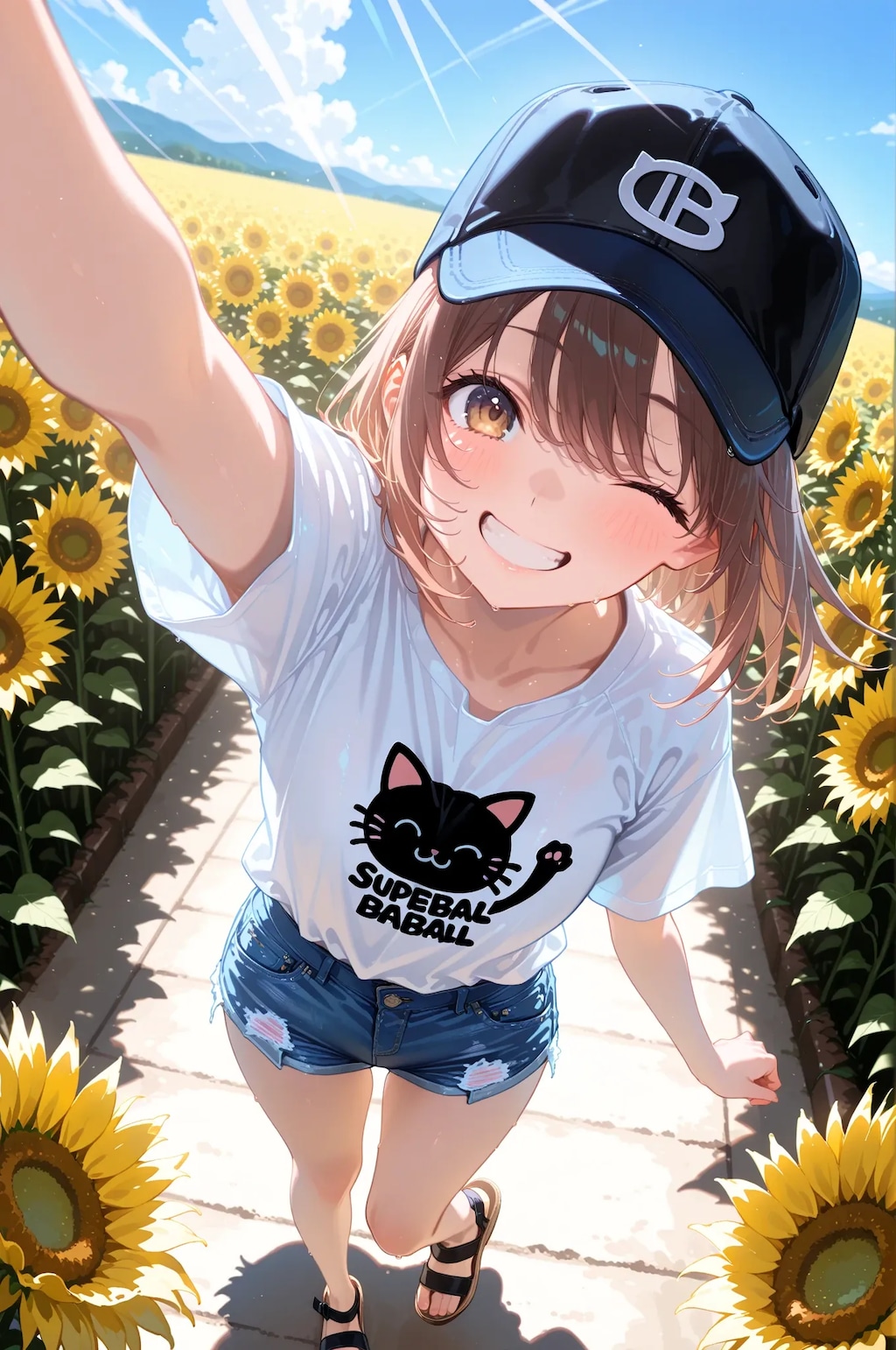 ひまわり畑ではしゃぐ