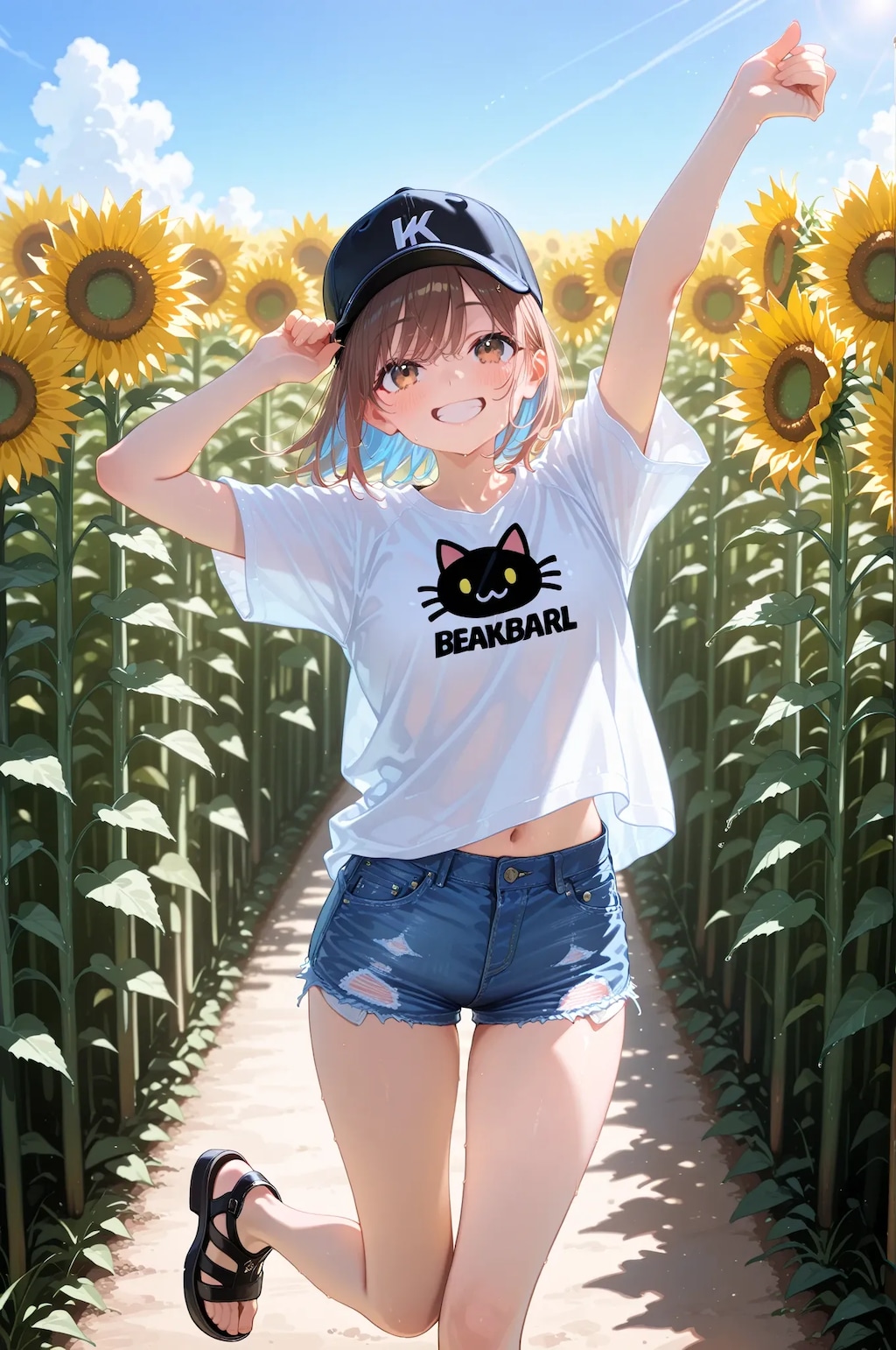 ひまわり畑ではしゃぐ