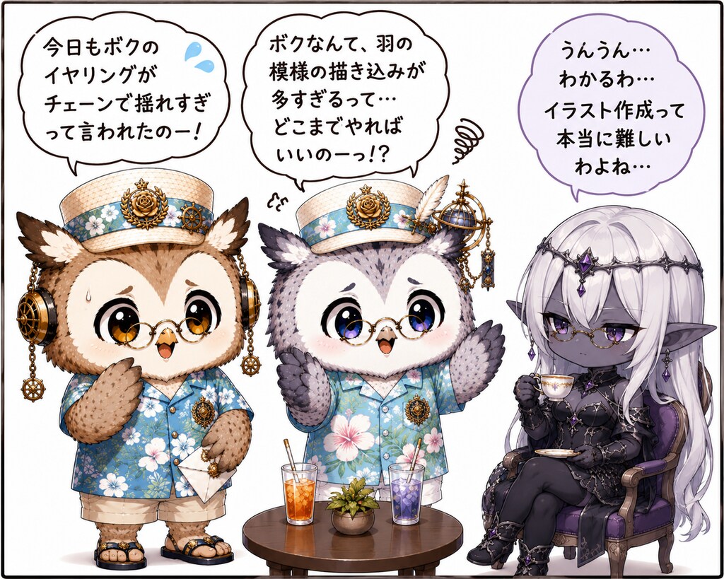 愚痴を聞いてもらうフクロウたち
