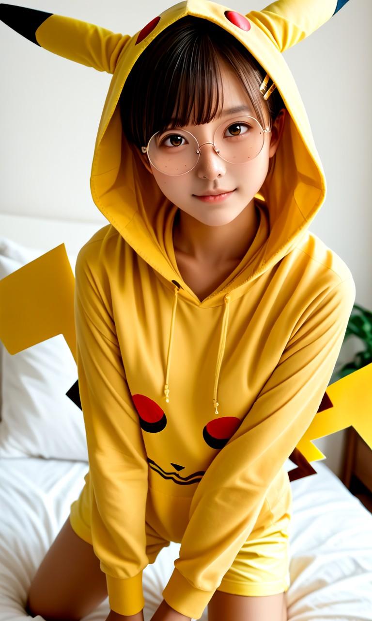 ピカチュウパーカーを着た丸メガネ少女