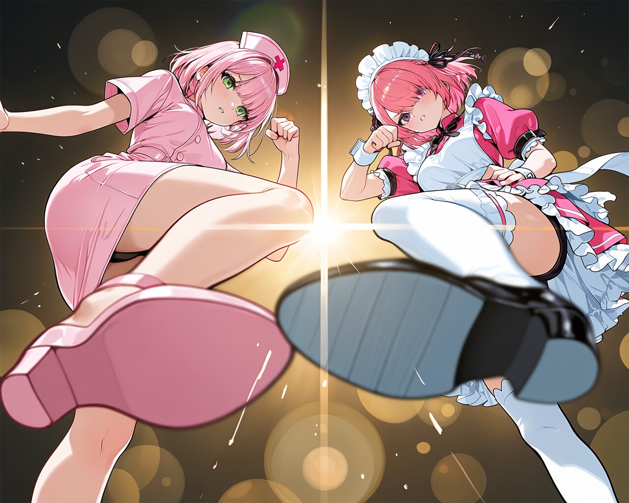 ナースとメイドのWキック