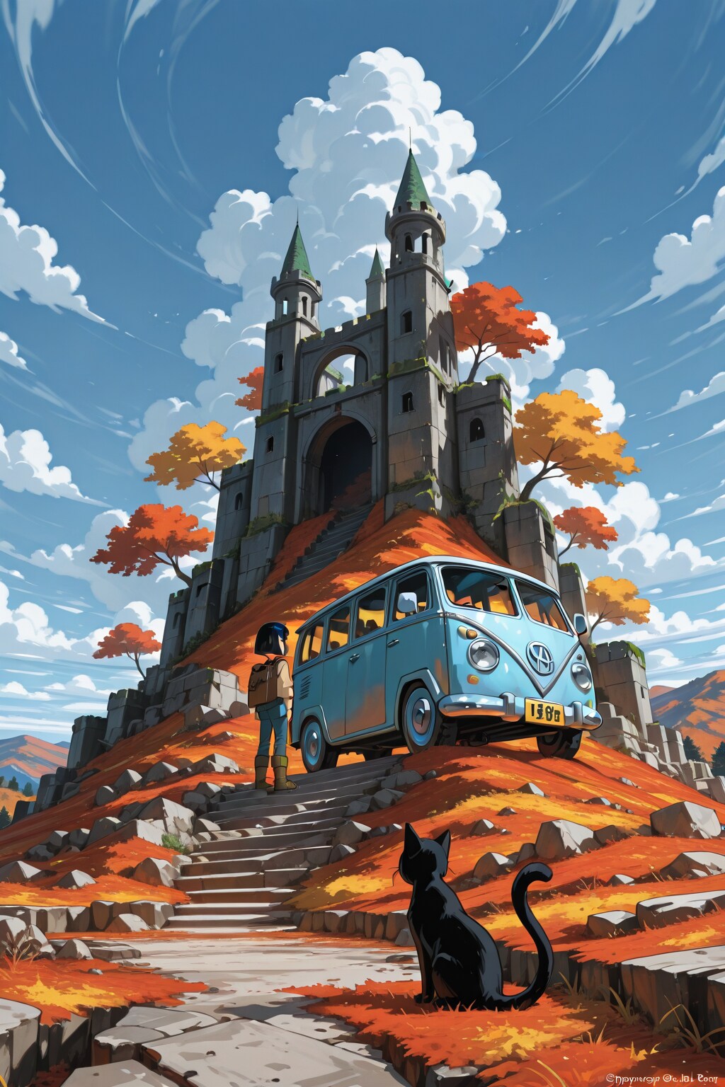 ミニバンとお城🏯と黒猫 | の人気AIイラスト・グラビア