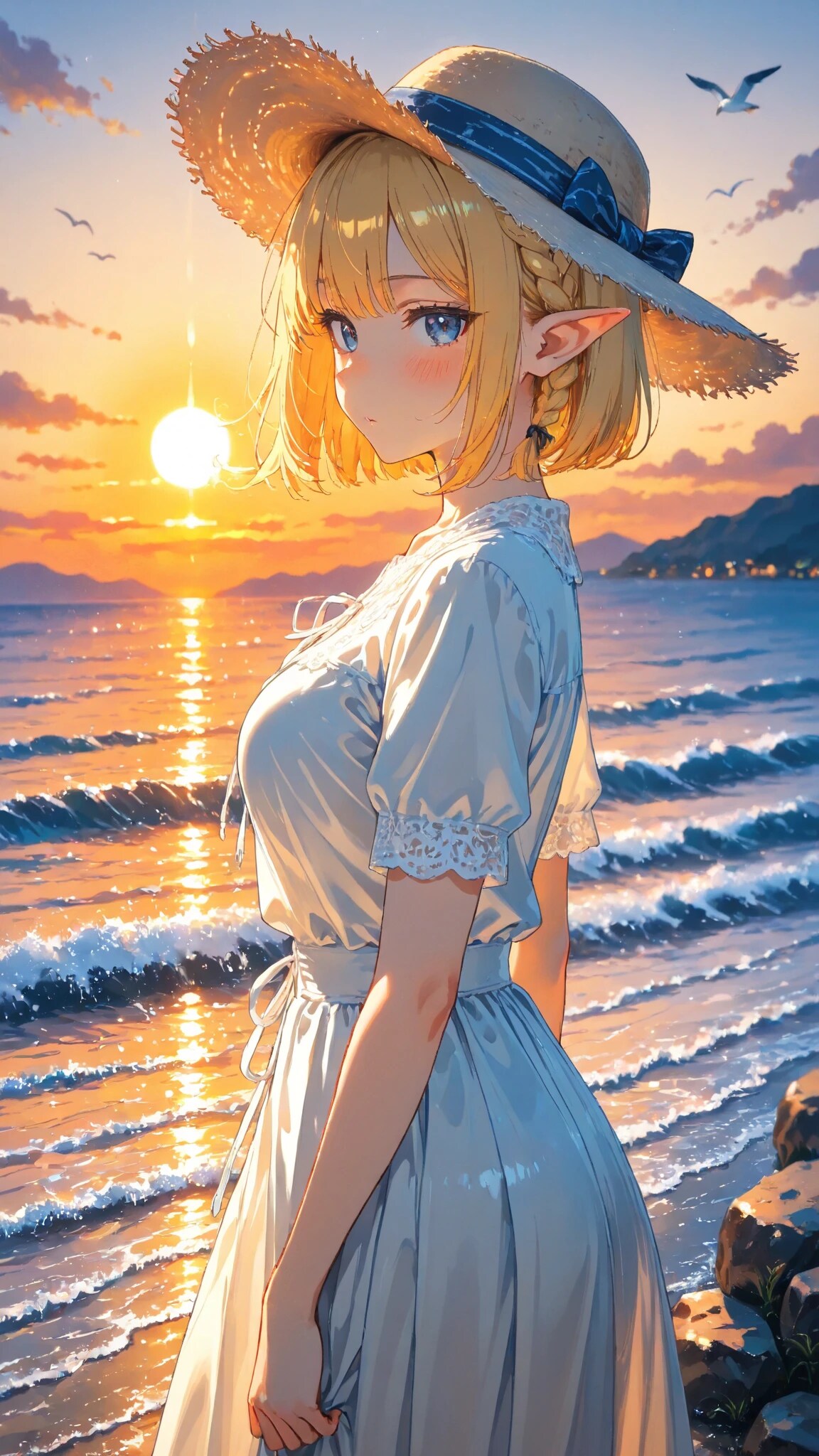 🧝‍♀️👒 麦わら「……海を見ていたんです。」潮騒、夕暮れの少女 | の人気AIイラスト・グラビア