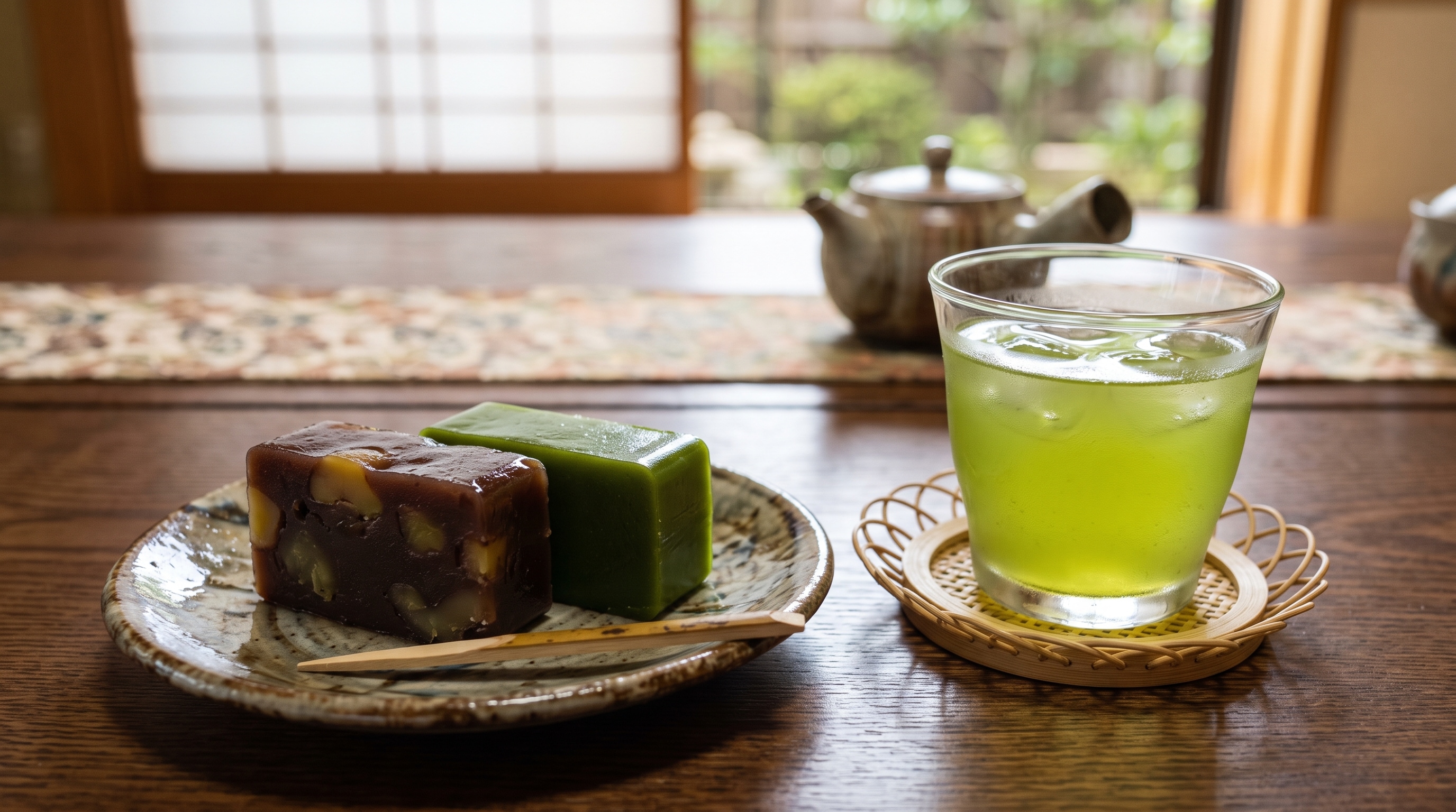 デザートの栗羊羹と抹茶羊羹と冷たいまろ茶 | の人気AIイラスト・グラビア