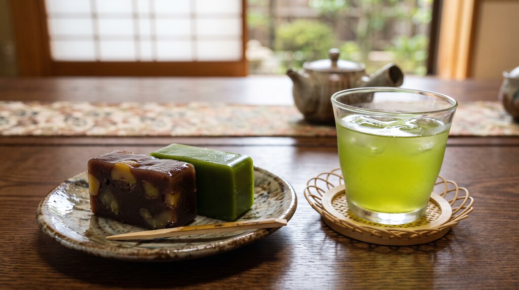 デザートの栗羊羹と抹茶羊羹と冷たいまろ茶