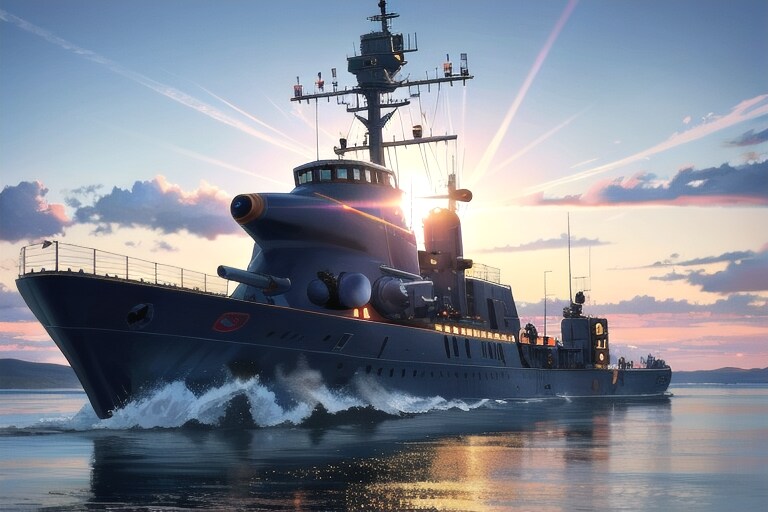 謎の軍艦と夕日