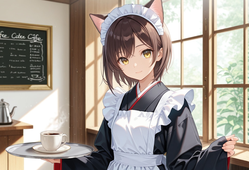 珈琲を運ぶ和風メイドな喫茶店で働く猫娘さん