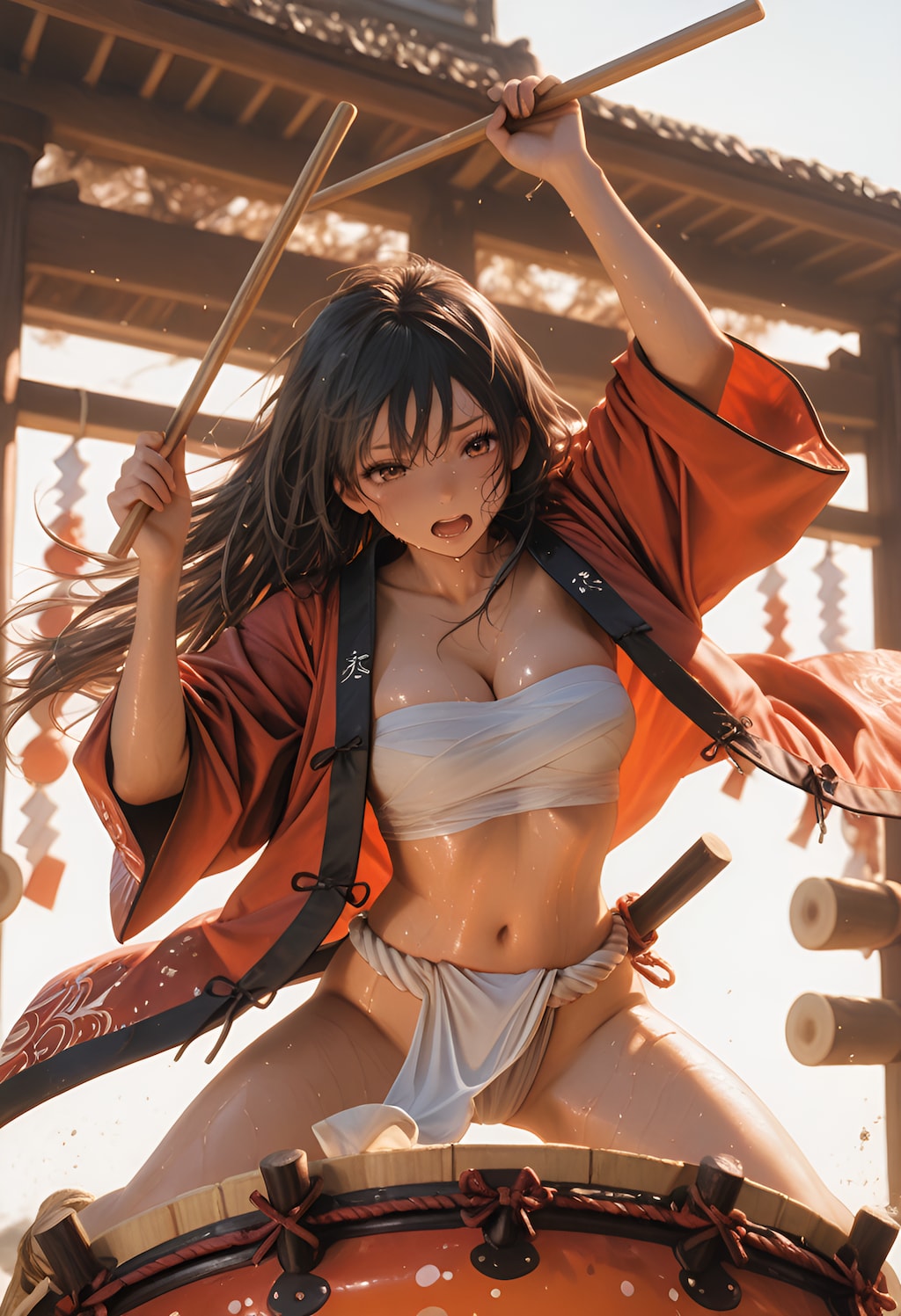 和太鼓を打ち鳴らすお祭りガール