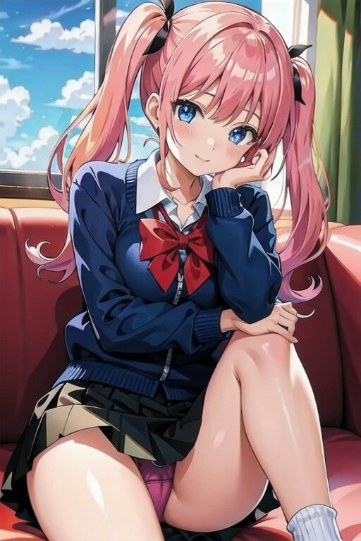 ピンク髪ツインテールちゃん、頬づえついてパンチラするの巻🩷