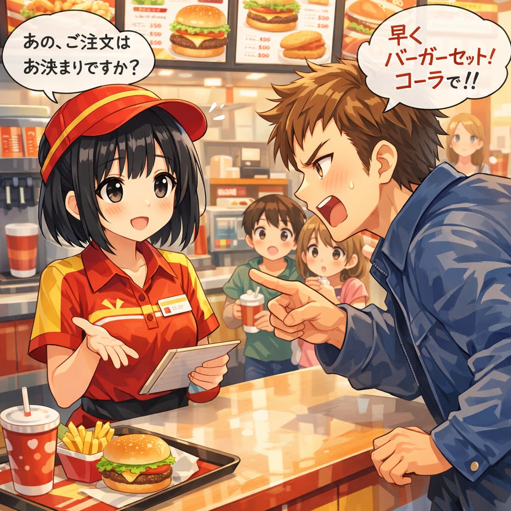 ハンバーガーショップの店員さんとお客さん