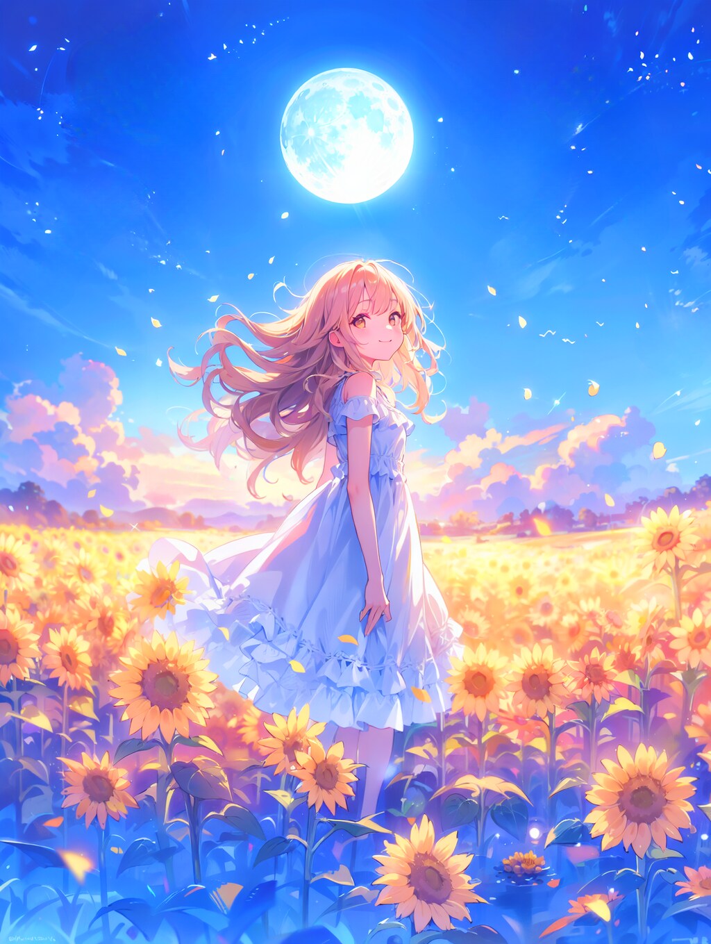 月夜のひまわり畑