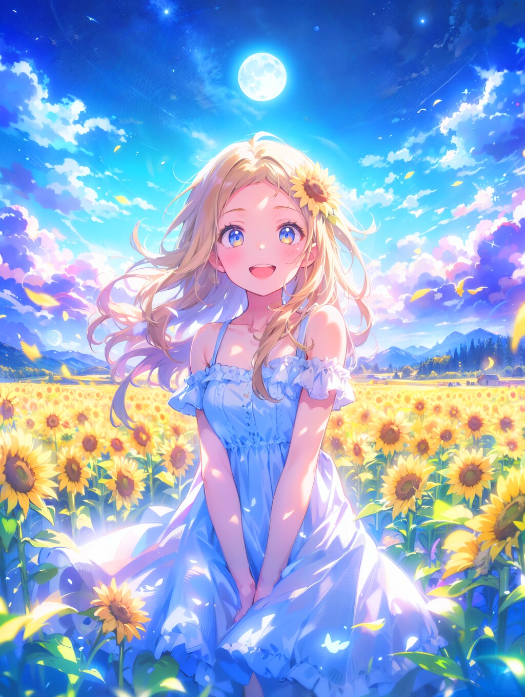 月夜のひまわり畑