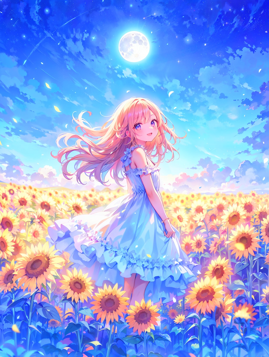 月夜のひまわり畑