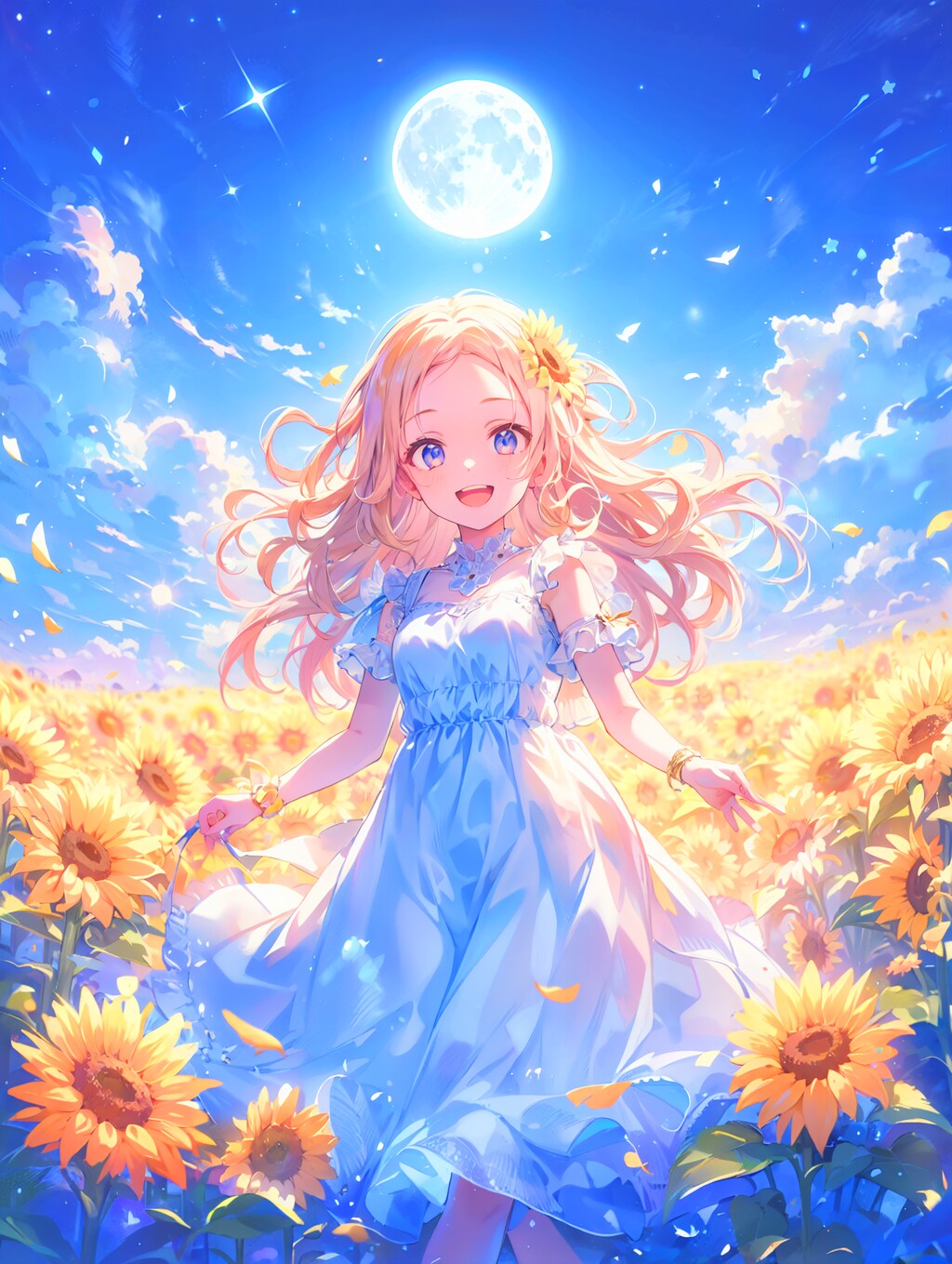 月夜のひまわり畑