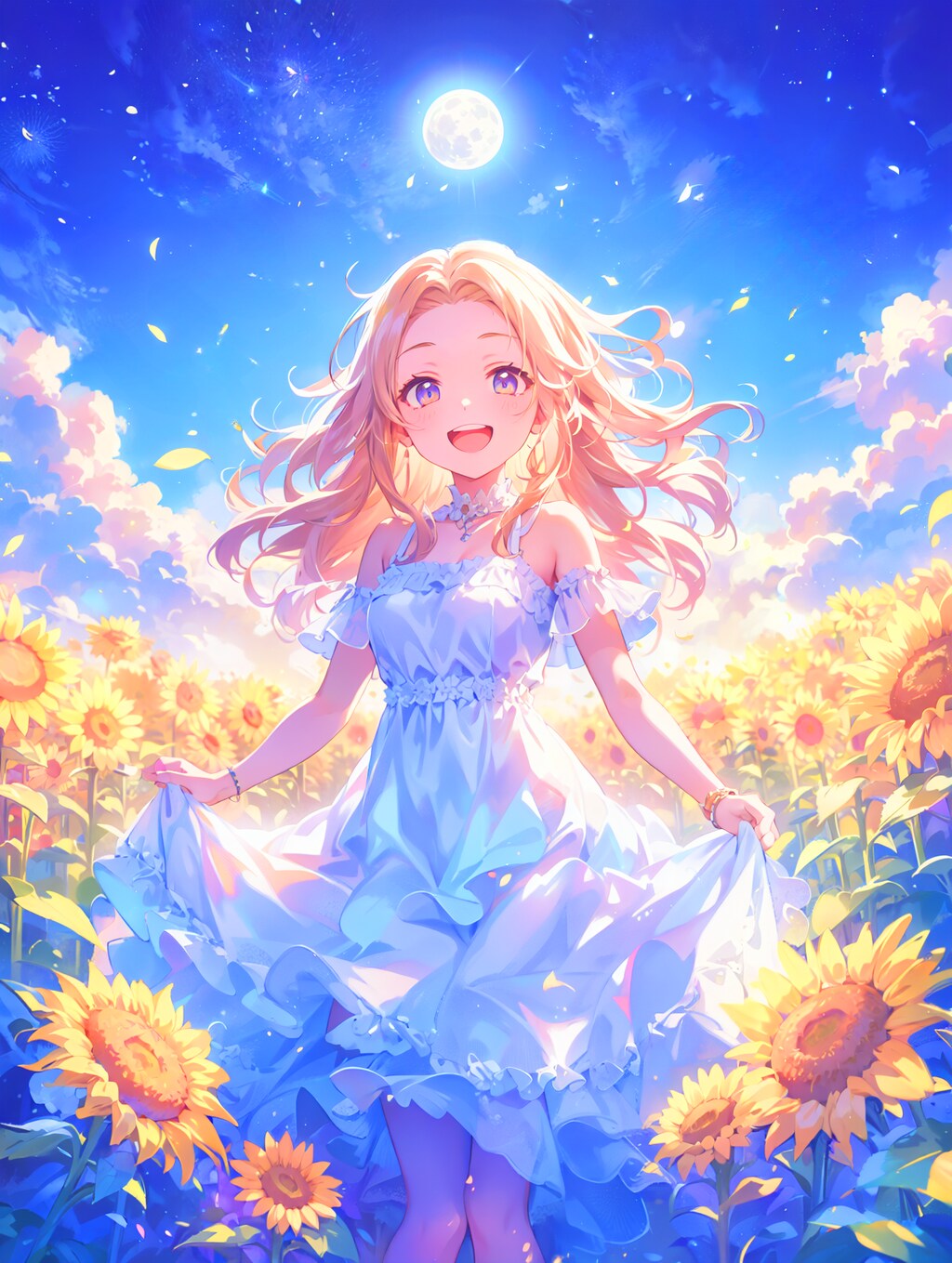 月夜のひまわり畑