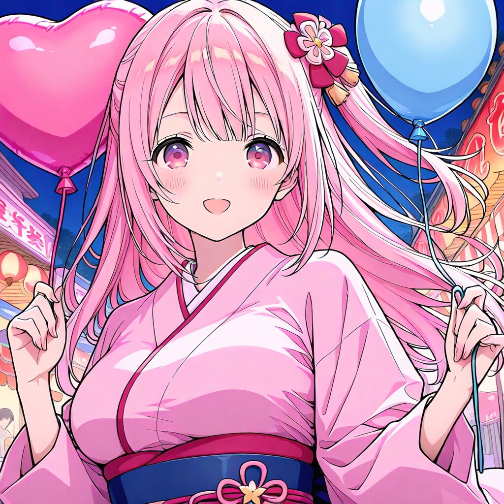 夏祭り会場で風船を持つピンク髪の着物の美女 | の人気AIイラスト・グラビア