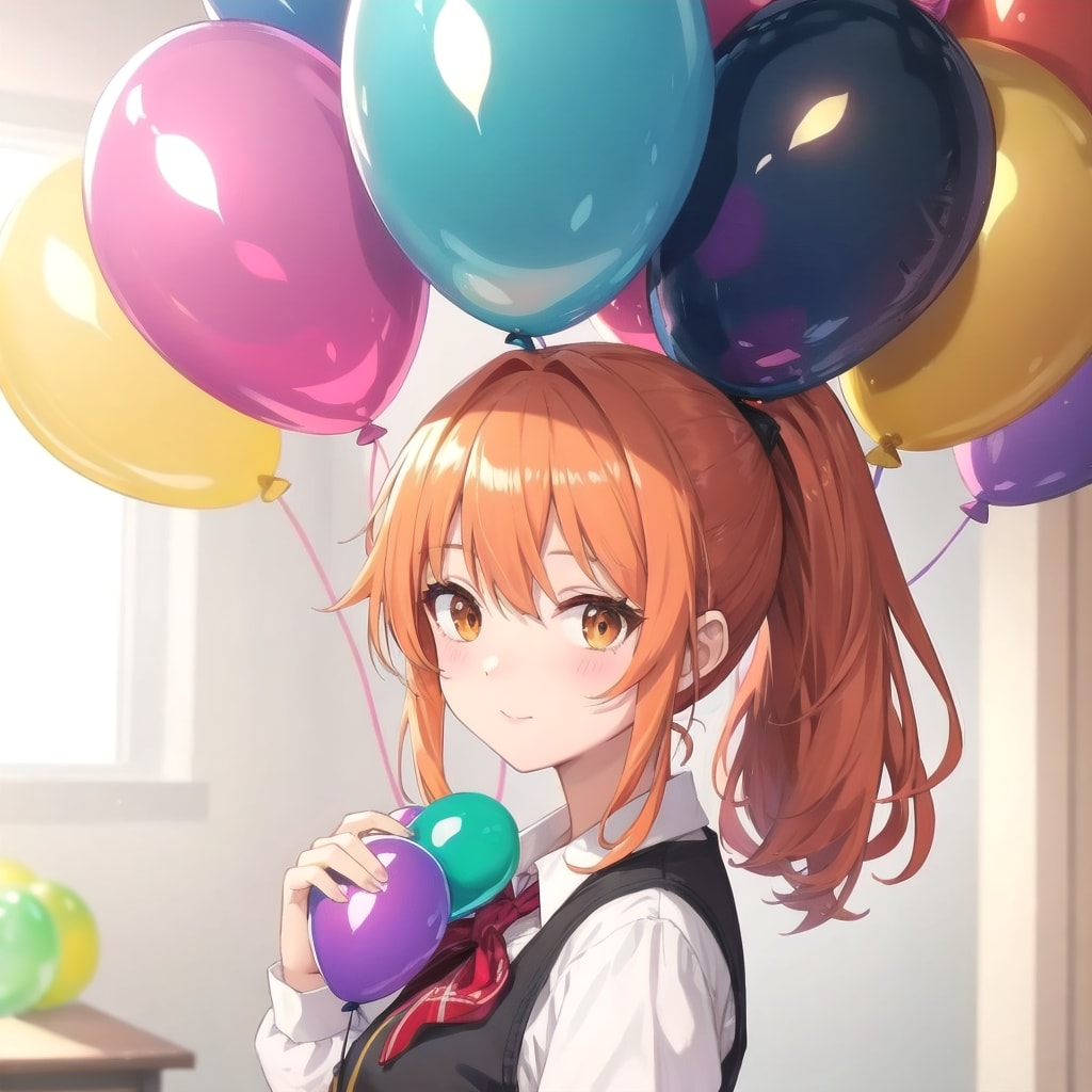 いっぱい風船を持つオレンジ髪ポニーテールの保育士の美人。 | の人気AIイラスト・グラビア