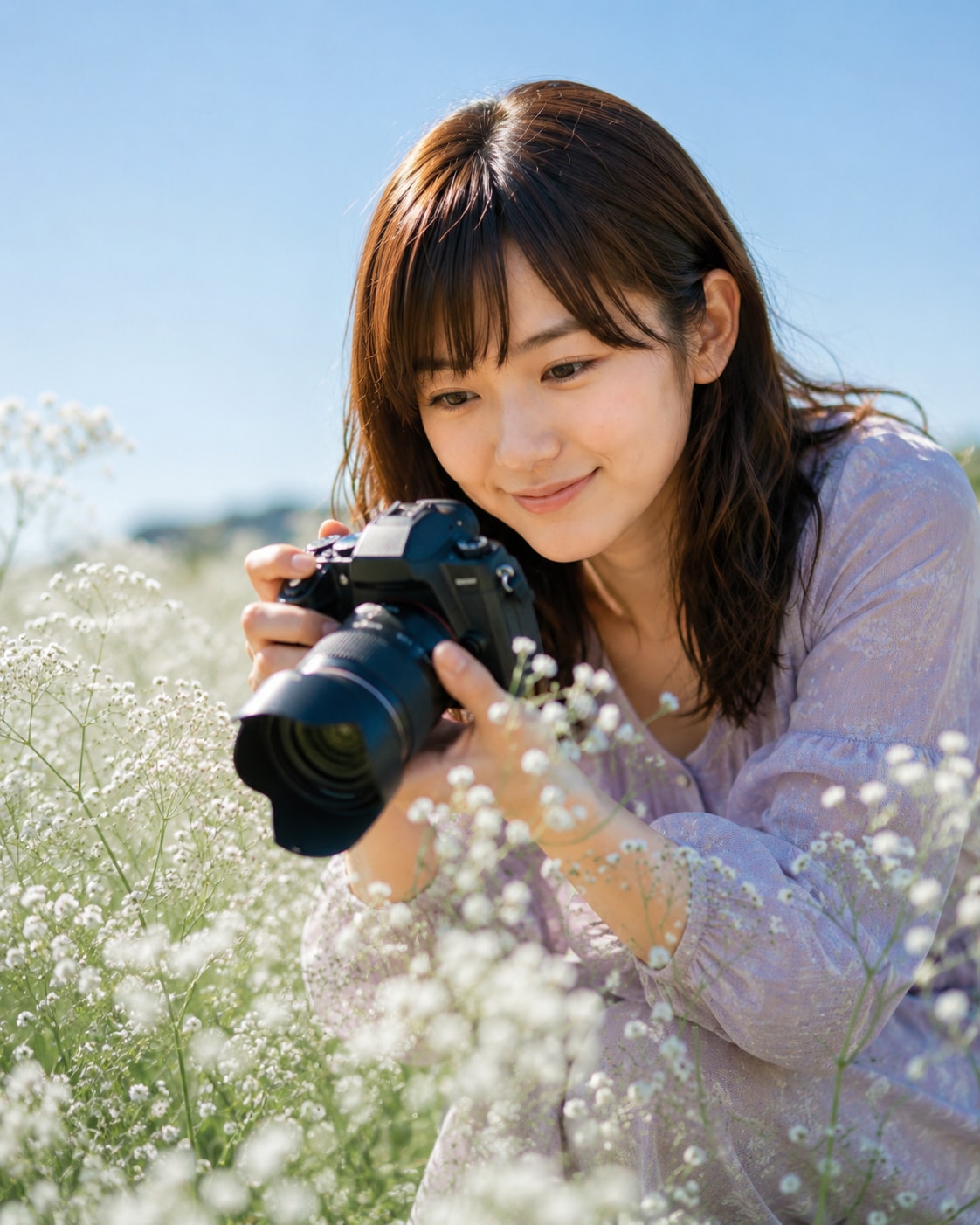 『写真の日 × カスミソウ畑 × 女性カメラマン』
