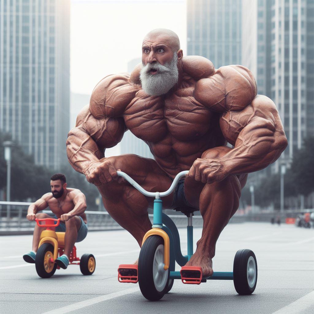 【謎画像】子供用三輪車でレースする中年ボディビルダー
