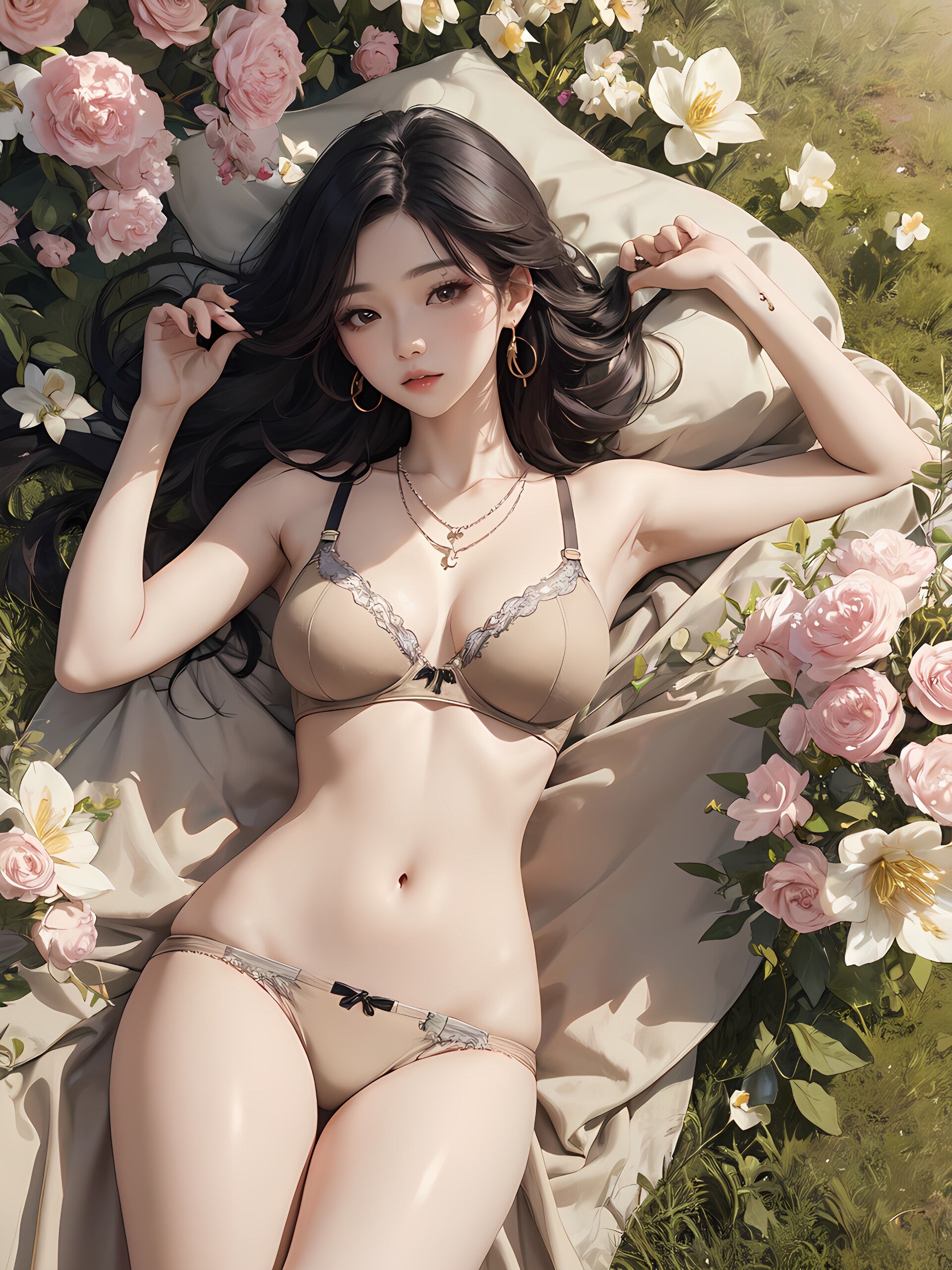草むらに横たわる下着の女性