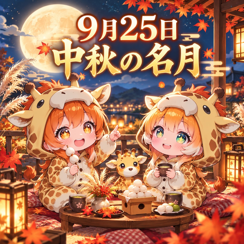 中秋の名月とキリン着ぐるみちび子ちゃん
