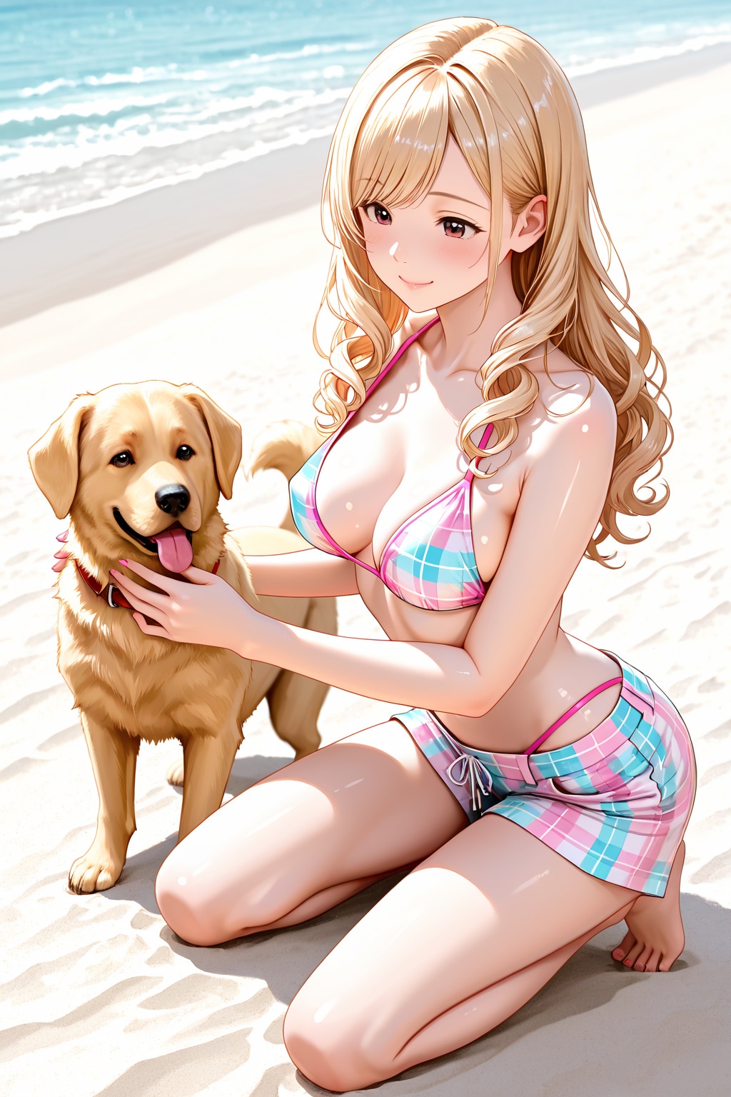 砂浜で犬と戯れる心愛ちゃん