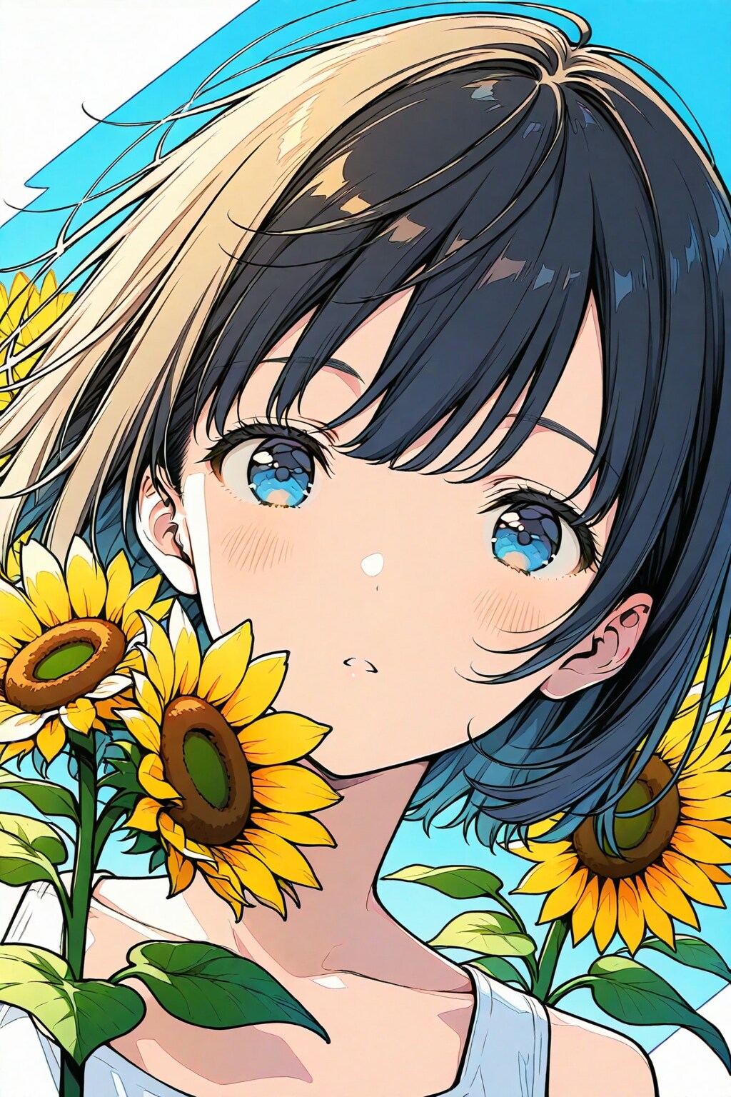 碧眼金髪直毛短髪で向日葵の様な美女のフェースアップポートレート | の人気AIイラスト・グラビア