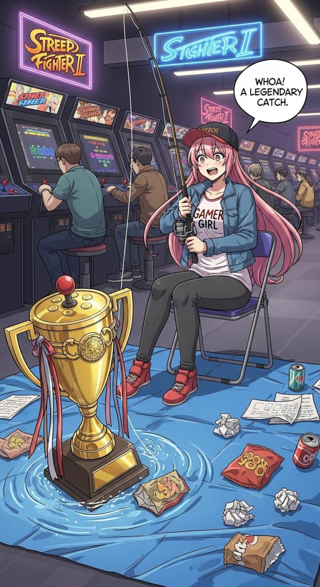 格闘ゲームの大会会場で釣り