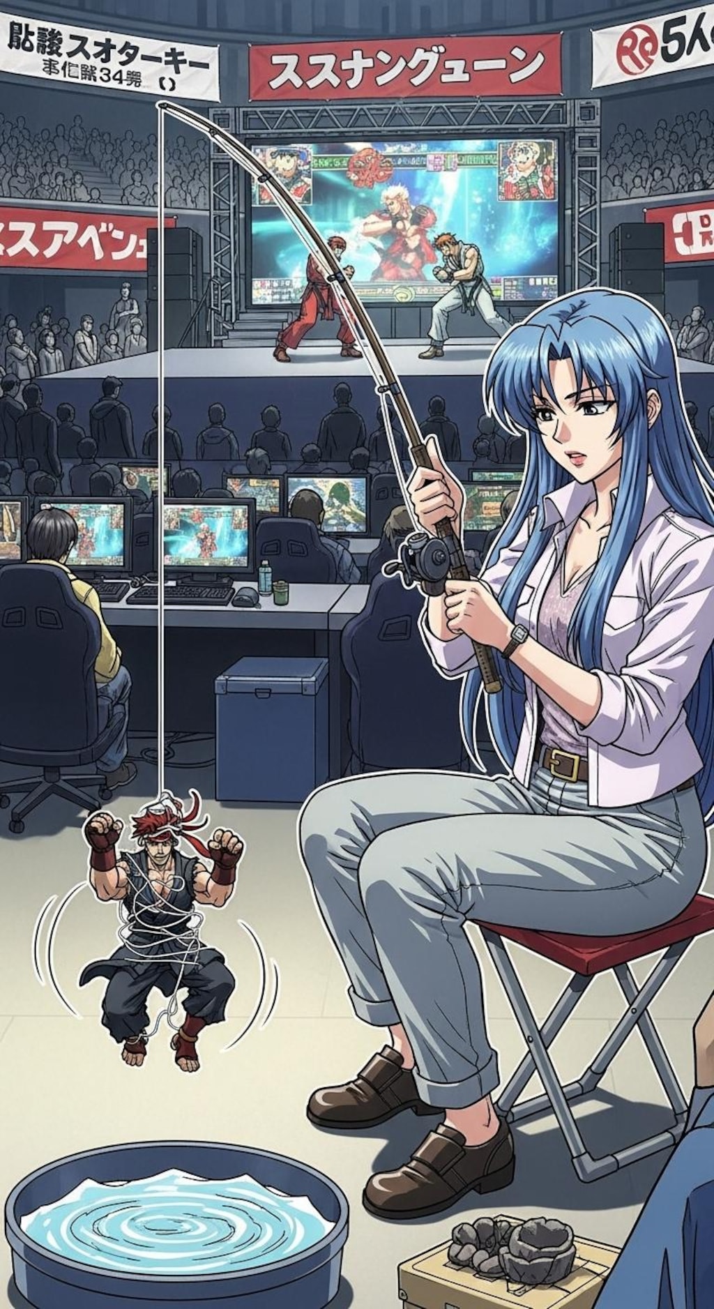 格闘ゲームの大会会場で釣り