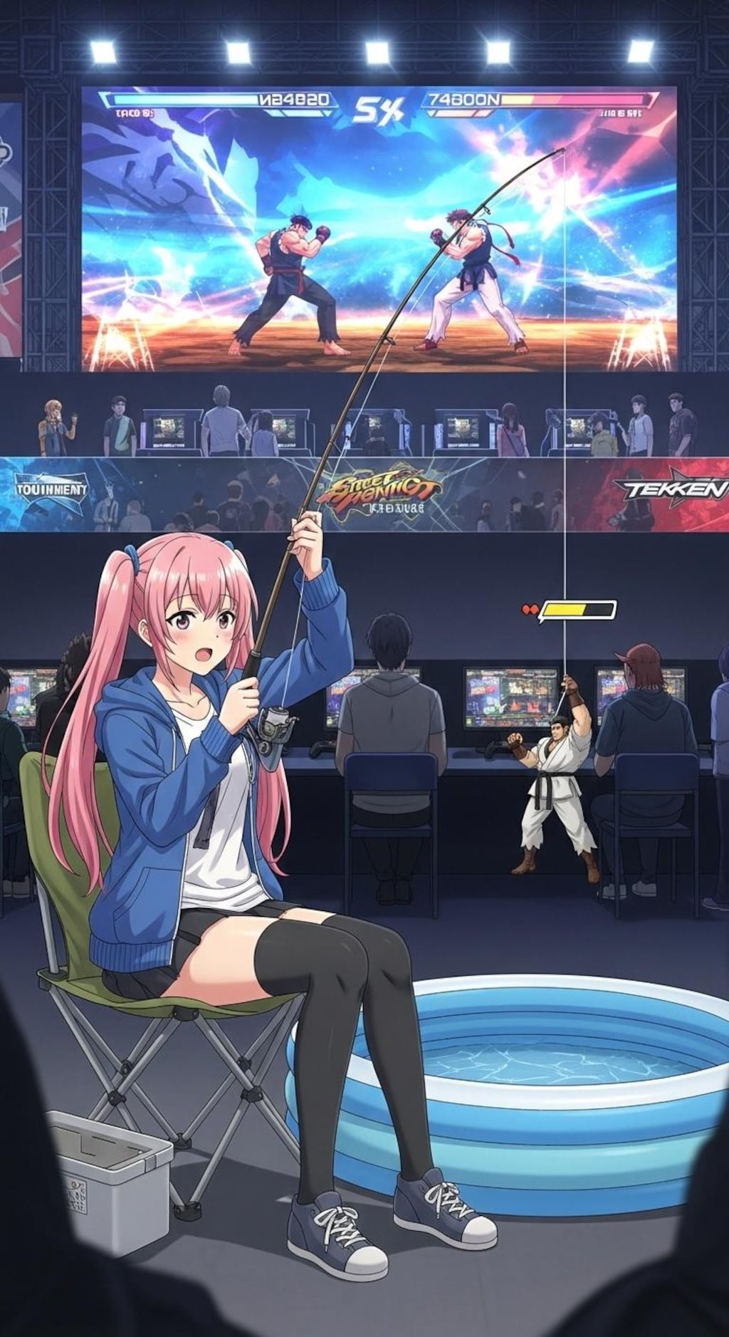 格闘ゲームの大会会場で釣り