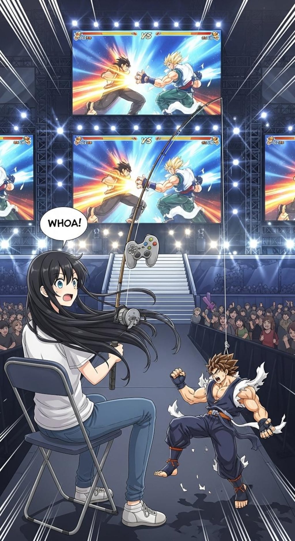 格闘ゲームの大会会場で釣り