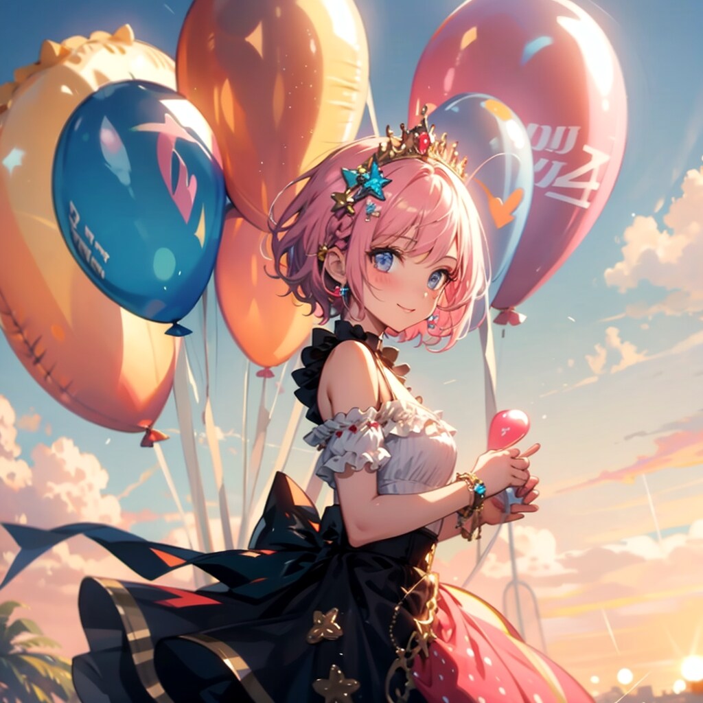 いっぱい色とりどりの風船を持つピンク髪ショートカットのお姫様。
