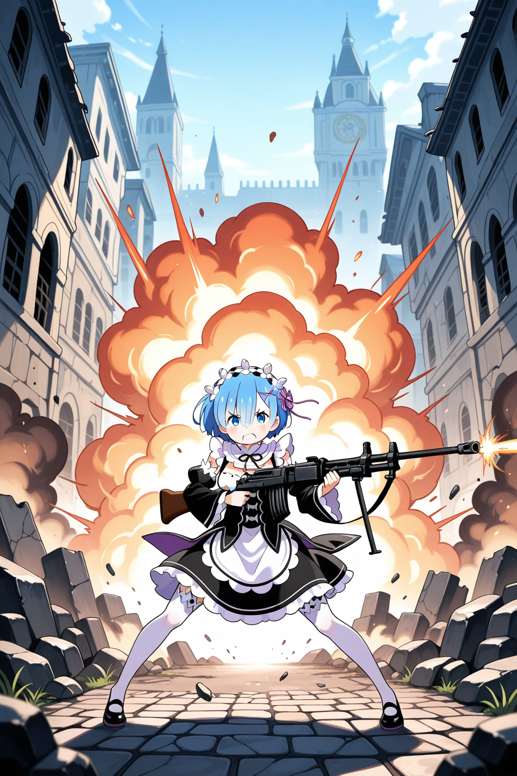 何故かマシンガンで戦うレム！！