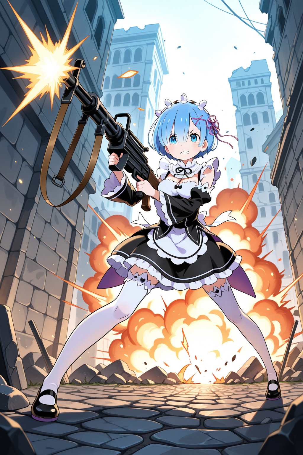 何故かマシンガンで戦うレム！！