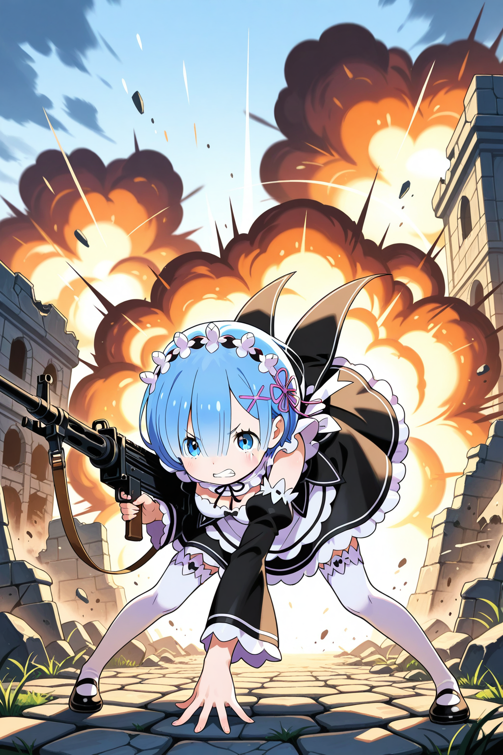 何故かマシンガンで戦うレム！！ | の人気AIイラスト・グラビア