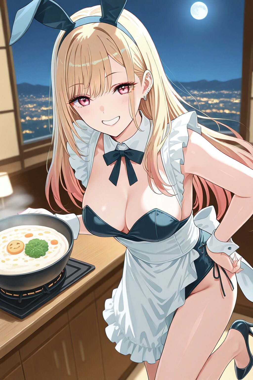 調理するバニーガール衣装の海夢さん