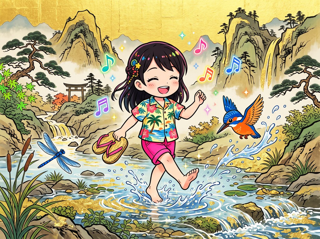 夏河を越すうれしさよ手に草履