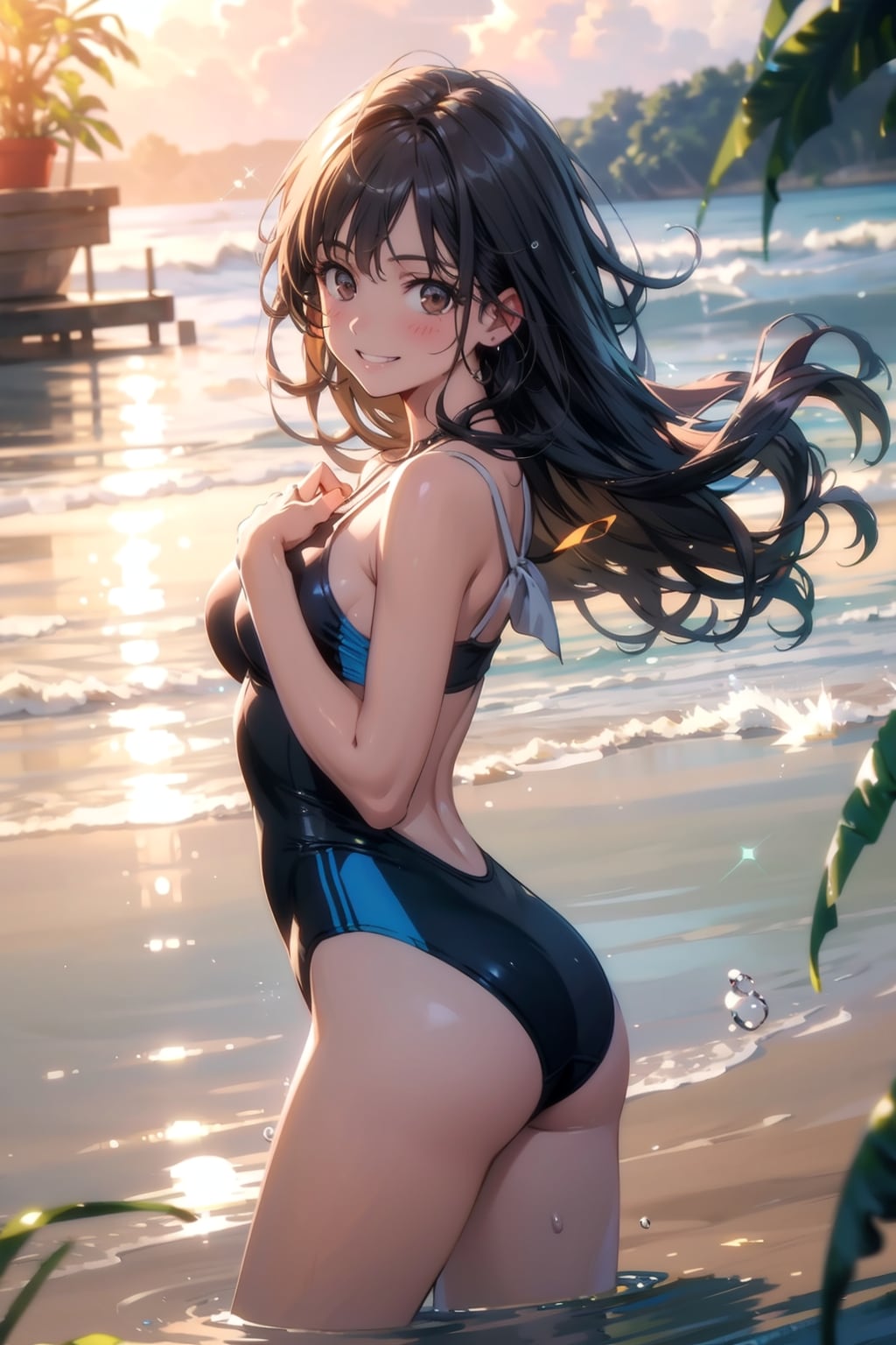 夕陽の中、河川で泳ぐ彼女