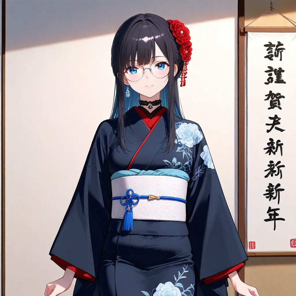 残念な掛け軸と共に写る