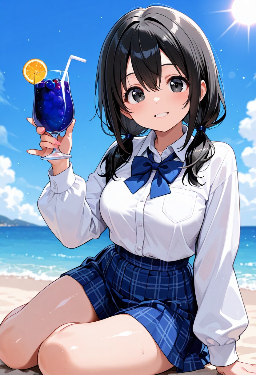 青空の浜辺でブルーベリージュース