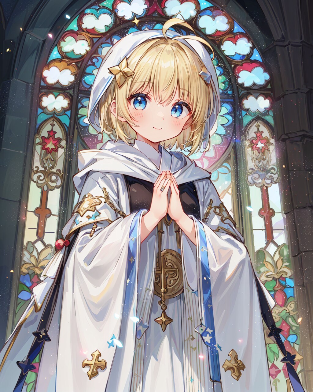 ステンドグラスと手を合わせ祈るシスター