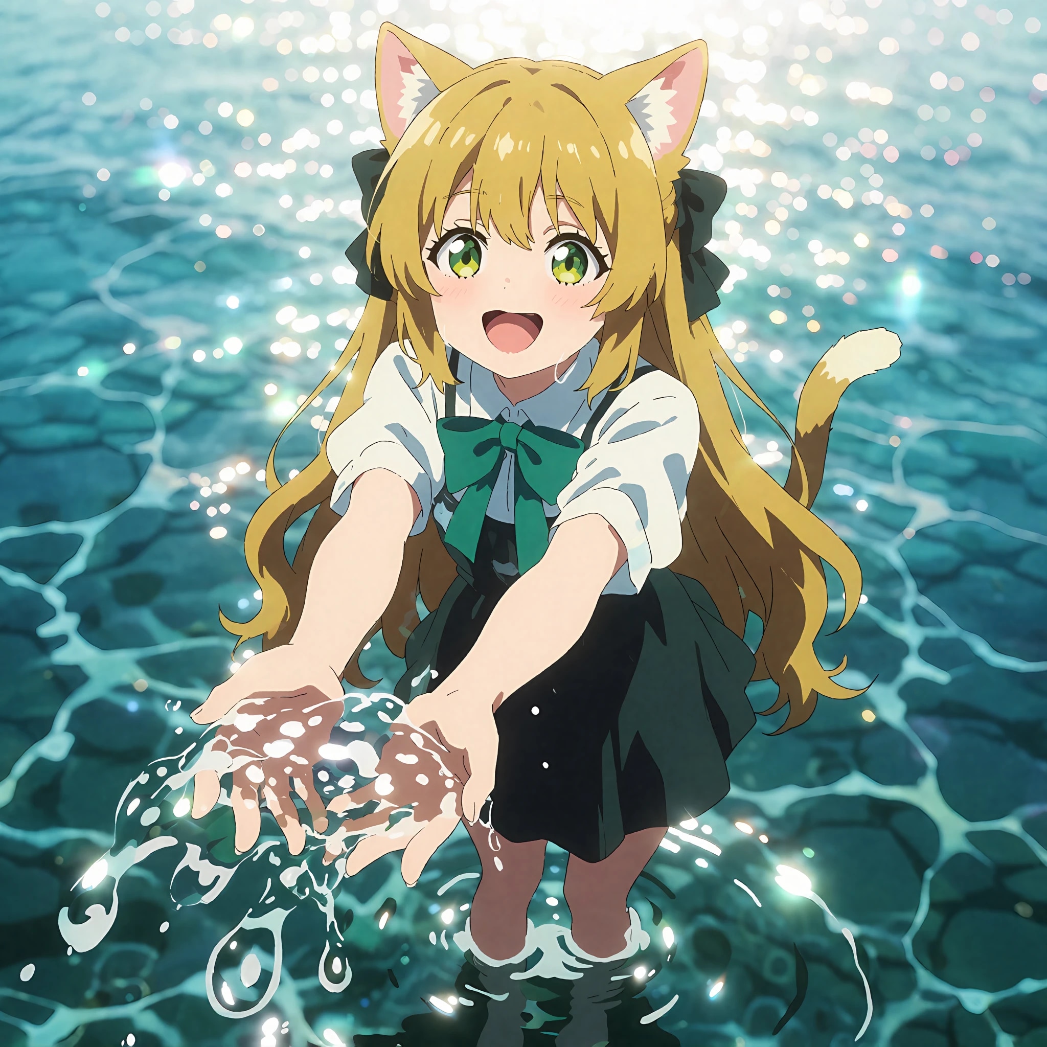 「えーい！」水を掛けようとする猫耳の女の子