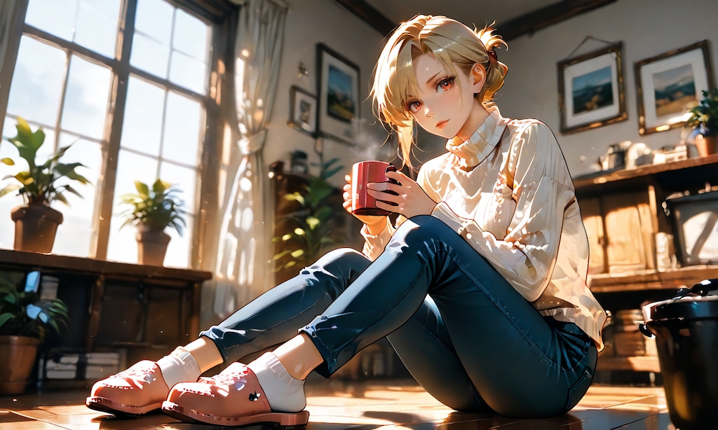 リザと休日の朝、ニット越しのコーヒーと無防備な横顔