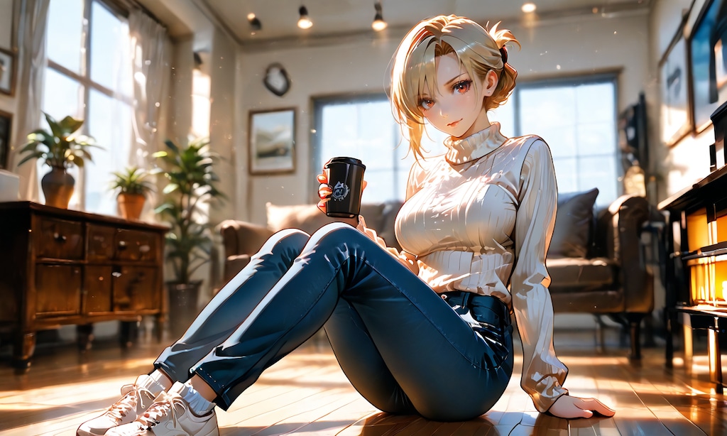 リザと休日の朝、ニット越しのコーヒーと無防備な横顔